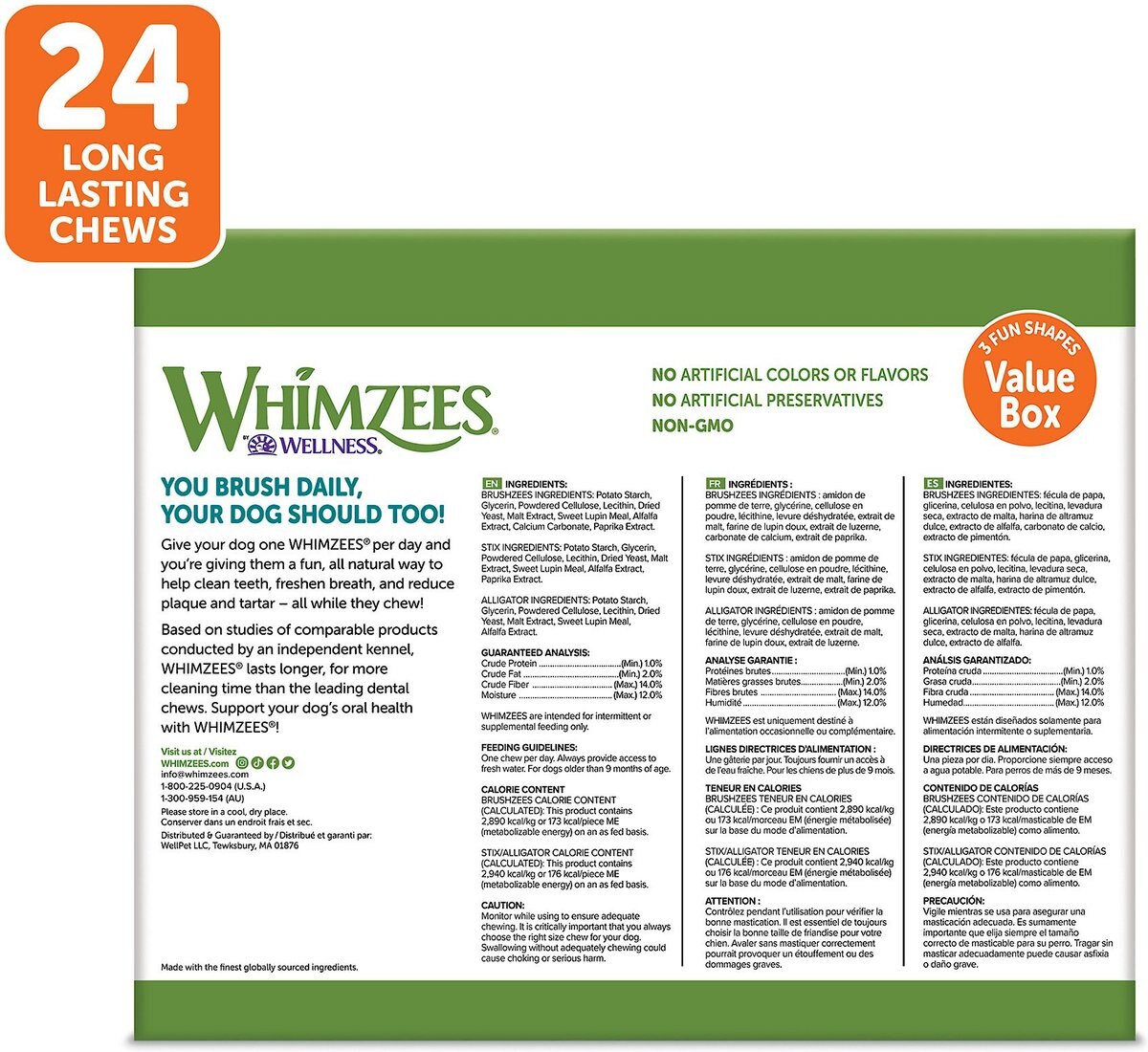 WHIMZEES Natural Dental Chews Large Breed Value Box Dog Treats， 24 count