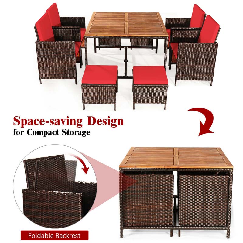 9 Pcs Rattan Wicker Outdoor Patio Dining Set with Acacia Wood Dining table, 4 Ottomans, 4 Cushioned Armchairs