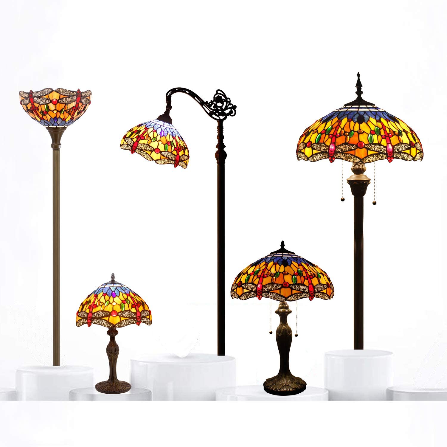 SHADY Tiffany Lamp Stained Glass Bedside Table Lamp Orange Blue Dragonfly Style Reading Desk Light 12X12X18 Inches Decor Bedroom Living Room Home Office S168 Series