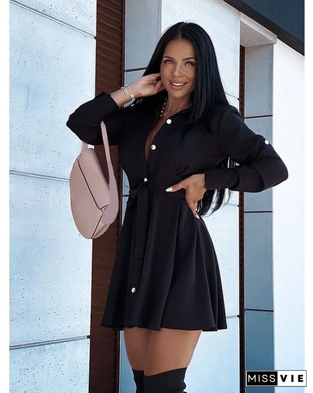 Turn-down Collar Long Sleeves Buttons Shirt Dress Women Fashion Collect Waist A Line Dress Elegant Ladies Dresses