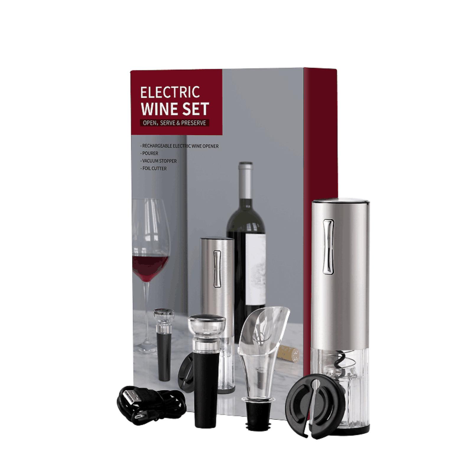 Silver Electric Wine Bottle Opener Kit Rechargeable Automatic Corkscrew Contains Foil Cutter Vacuum Stopper And Wine Aerator Pourer With Usb Charging