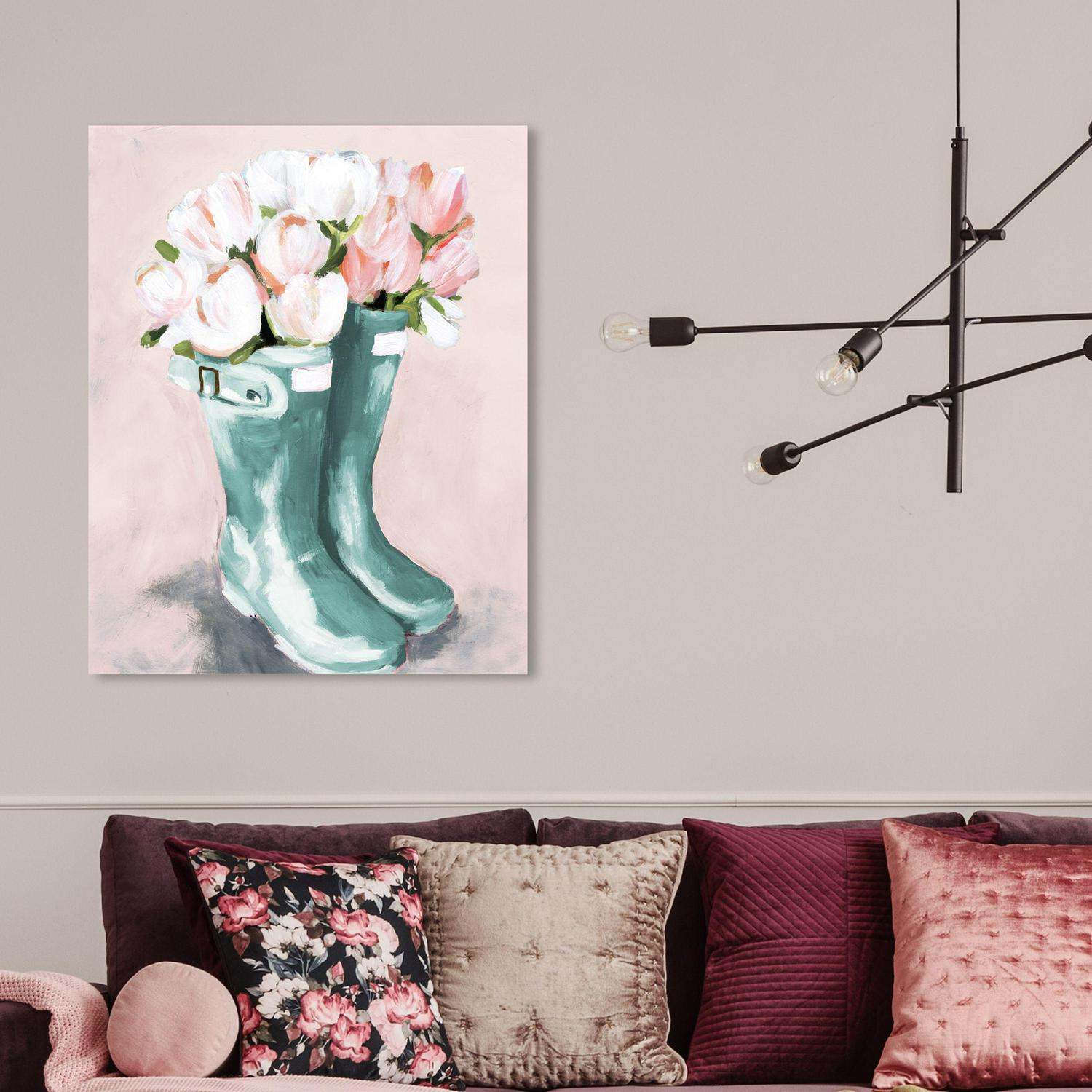 Runway Avenue Fashion and Glam Wall Art Canvas Prints and#8216;Pastel Rainboots and Flowers Home DA(C)cor， 24 x 36 ， Blue， Pink