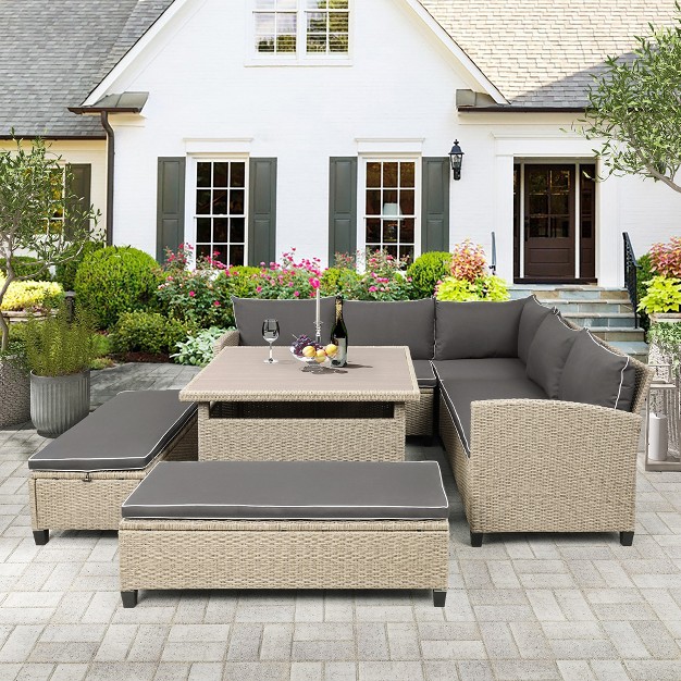 6 piece Outdoor Patio Wicker Rattan Sectional Sofa With Table And Bench For Backyard Garden Pool Side Brown Modernluxe