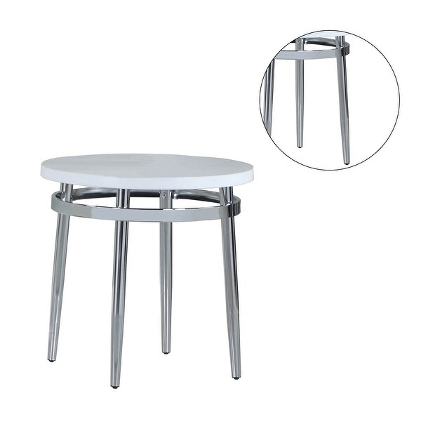 Round Faux Marble End Table with Metal Legs in White and Chrome