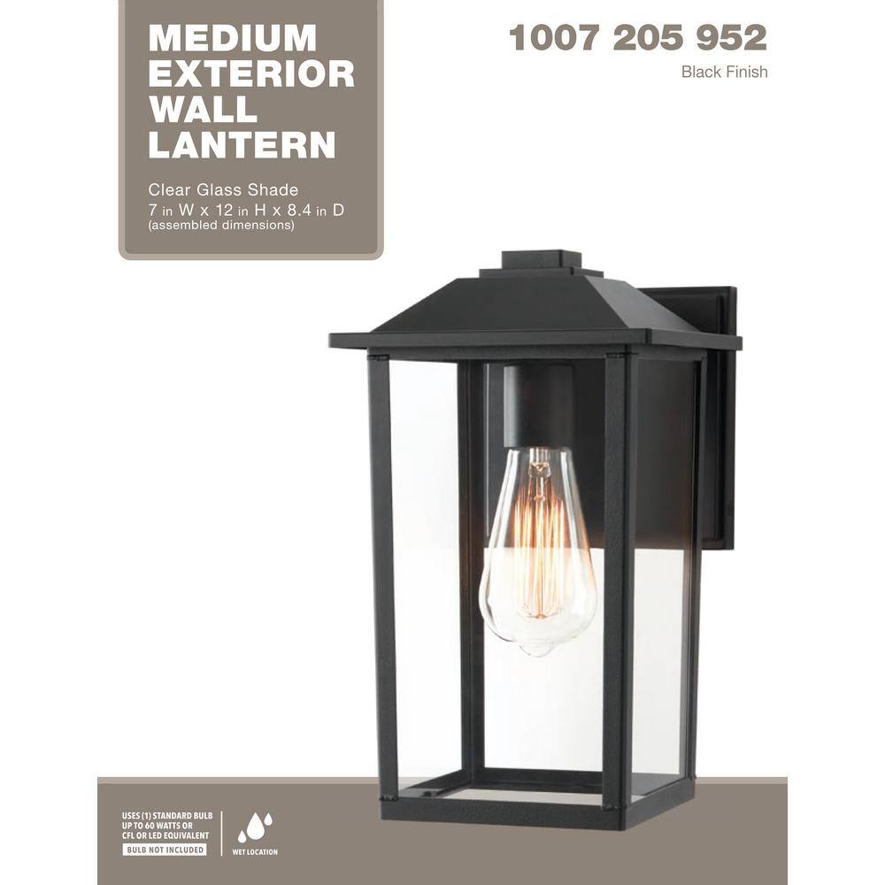 PRIVATE BRAND UNBRANDED 1-Light 12 in. Black Hardwired Transitional Outdoor Wall Lantern Sconce with Clear Glass W2235-21