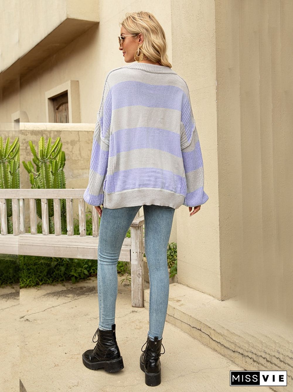 New Autumn Winter Neck Loose Knit Pullover Women's Striped Fashion Casual Plus Size Sweater Long Sleeve Top Pullover Tops