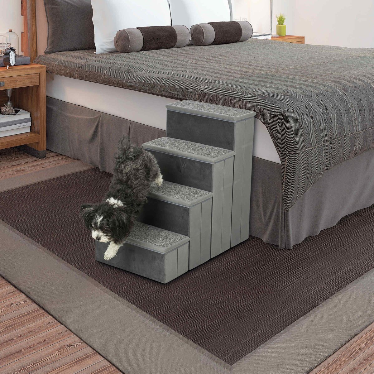 TRIXIE Velour Foldable Cat and Dog Stairs with Storage， Gray