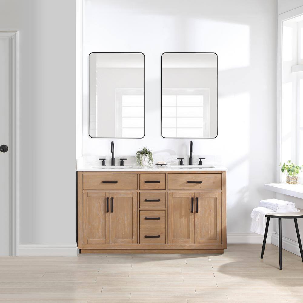 Altair Gavino 60 in. W x 22 in. D x 34 in. H Bath Vanity in Light Brown with Grain White Composite Stone Top 557060-LB-GW-NM