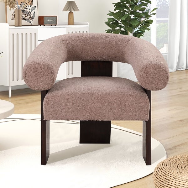 Living Room Accent Chair Curved Frame Arm Chairs Teddy Velvet Armchair Single Sofa Wooden Frame Lounge Chairs， Light Brown