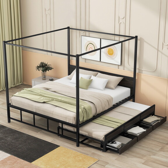 Queen Size Metal Canopy Platform Bed with Twin Siz...