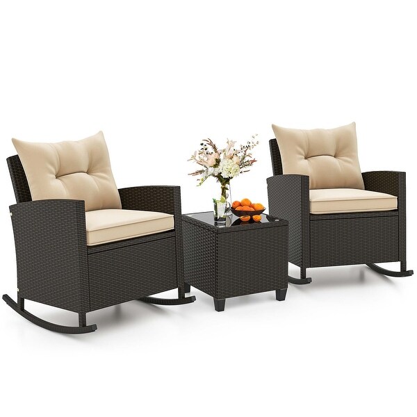 Costway 3 PCS Patio Wicker Rocking Set with Tempered Glass Table and