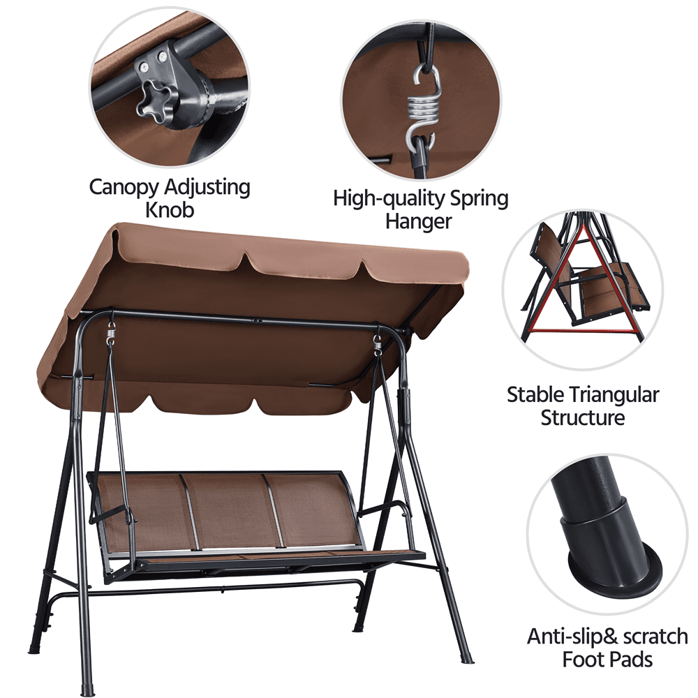 Topeakmart 3-Seat Outdoor Patio Metal Frame Swing Chair with Texteline Fabric Seats/Adjustable Canopy/Armrests Dark Brown