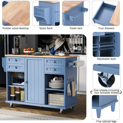 Kitchen Island， Trolley Cart Utility Cabinet on Wheels with Storage， Spice Rack with Drawers and Storage Cabinets， Kitchen Island with Rubber Wooden Countertop， Towel Racks， Adjustable Shelves，Blue