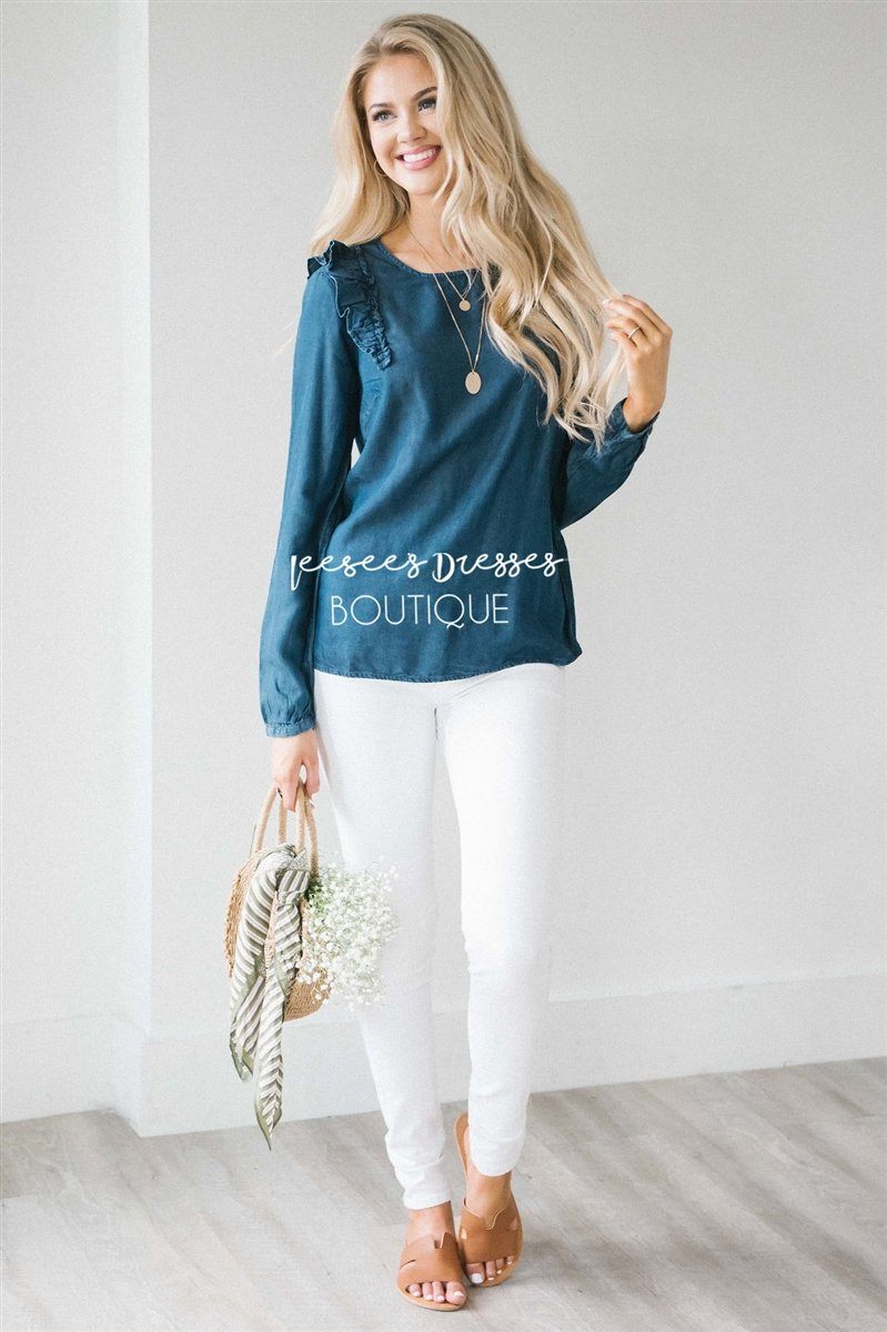 Ruffle Shoulder Long Sleeve Chambray Top