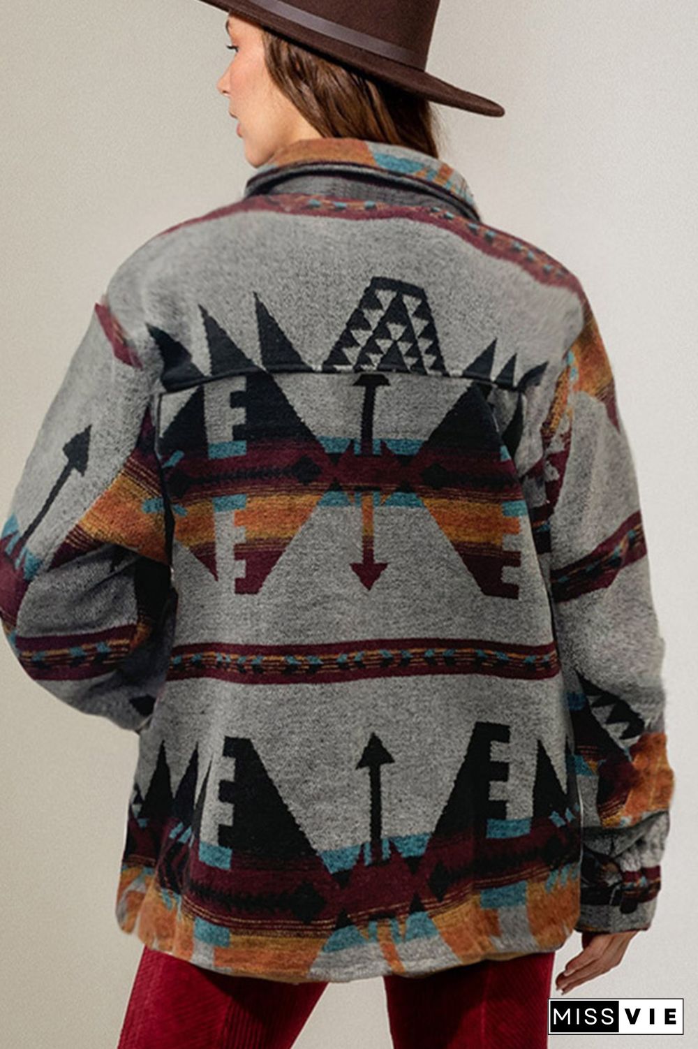 Grey Aztec Print Button Up Jacket Coat