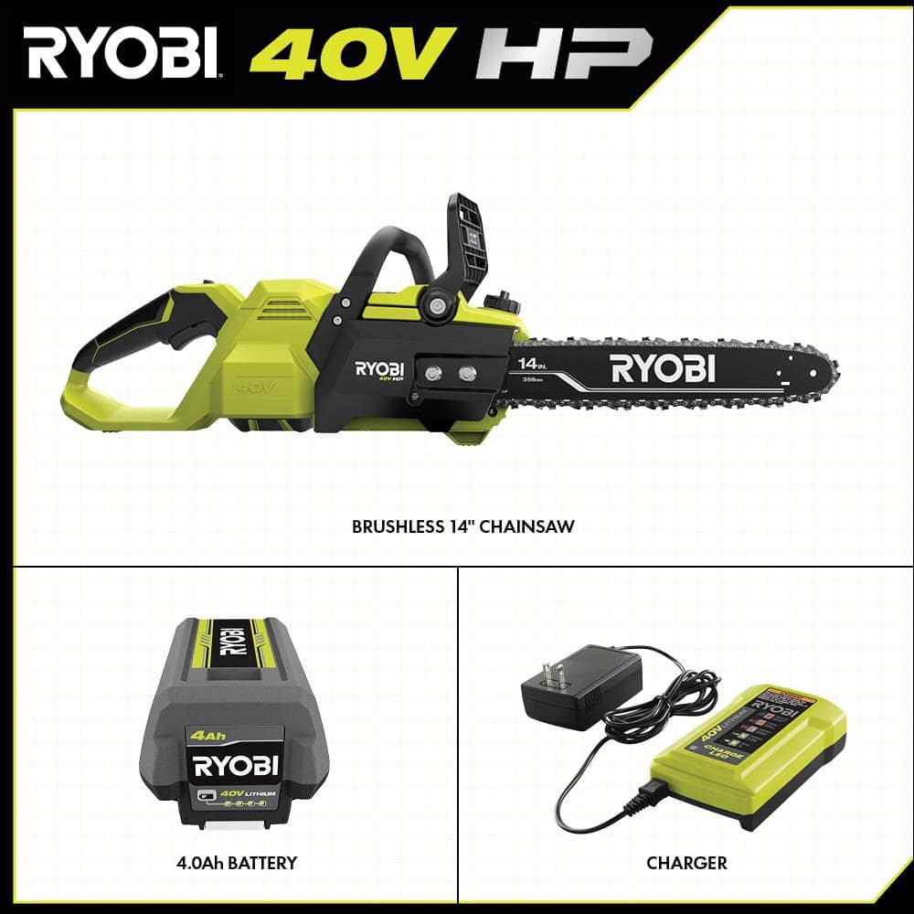 RYOBI 40V HP Brushless 14 in. Battery Chainsaw with 4.0 Ah Battery and Charger RY405100