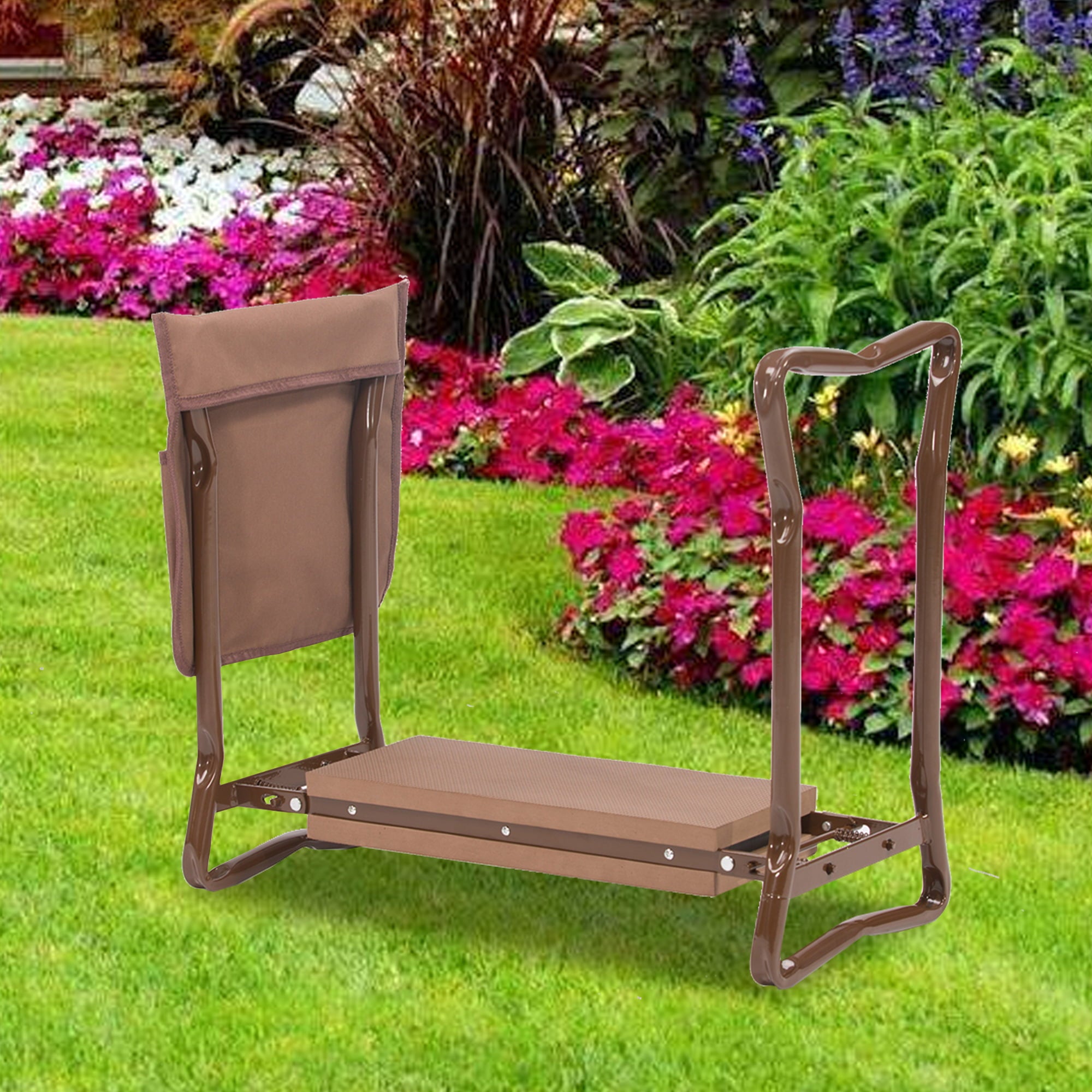 Karmas Product Garden Kneeler and Seat Folding Kneeling Bench Stool with Tool Pouches Soft EVA Foam for Gardening ,Asiento Garden Kneeler, Brown