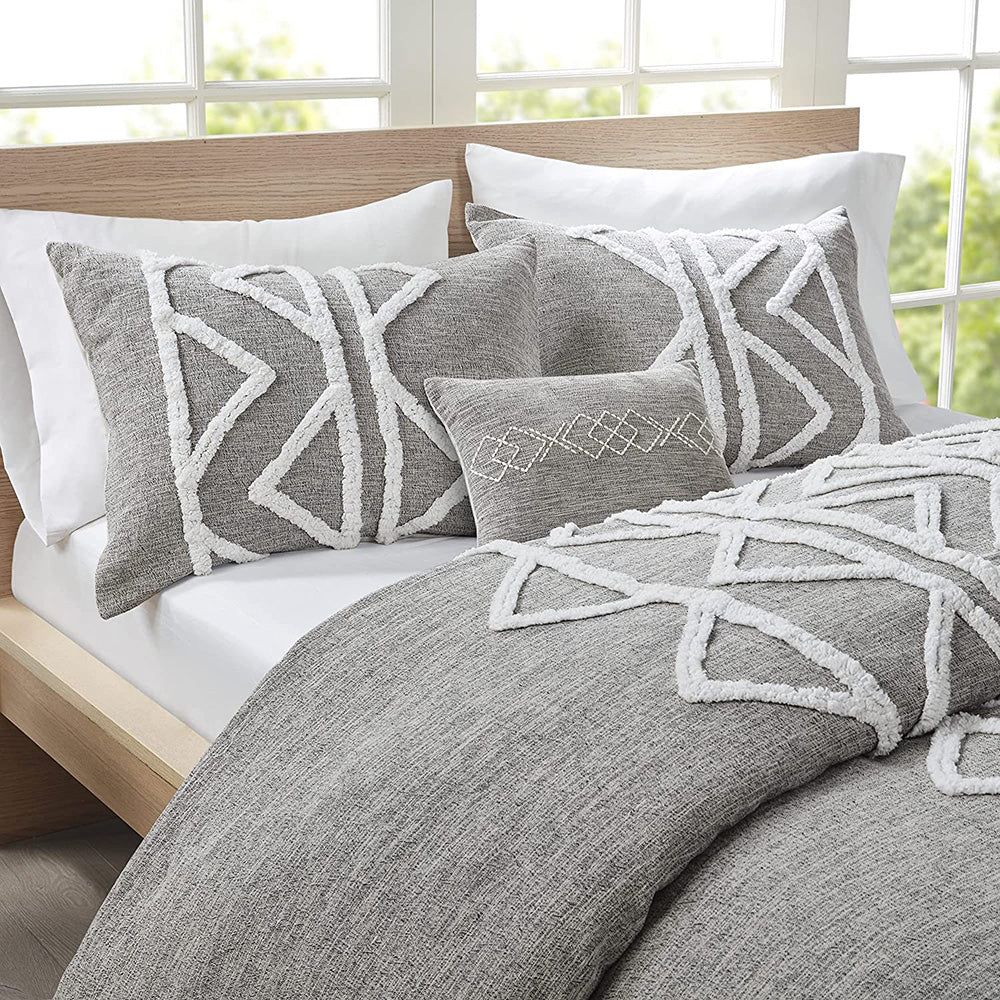 Hayes 100% Cotton Comforter Mid Century Modern Design Chenille Tufted All Season Bedding Set, Matching Shams, Decorative Pillow, Full/Queen, Yarn Dyed Gray 4 Piece