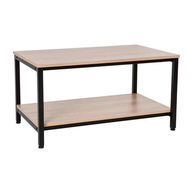 Emma And Oliver Minimalist Industrial Driftwood Finished Engineered Wood Coffee Table With Black Steel Tube Frame And Lower Storage Shelf