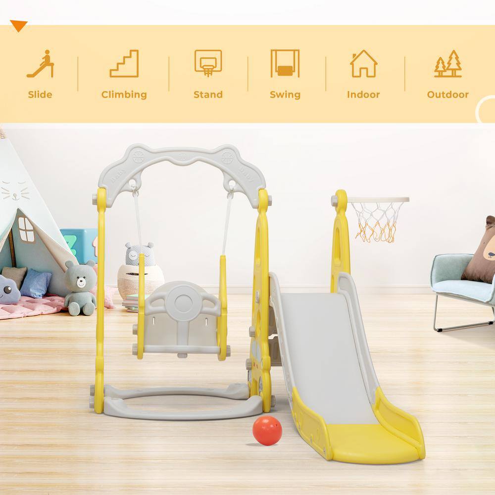 Nyeekoy 3-in-1 Kids Slide and Swing Set Toddler Climber Playset Indoor Outdoor Playground Yellow Plus Grey TH17X1001-T01