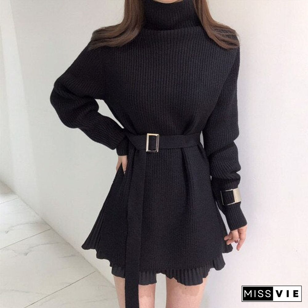 elegant tunic belted sweater dress women fashion turtleneck long sleeve knitted dress sexy split side mini dress vestidos