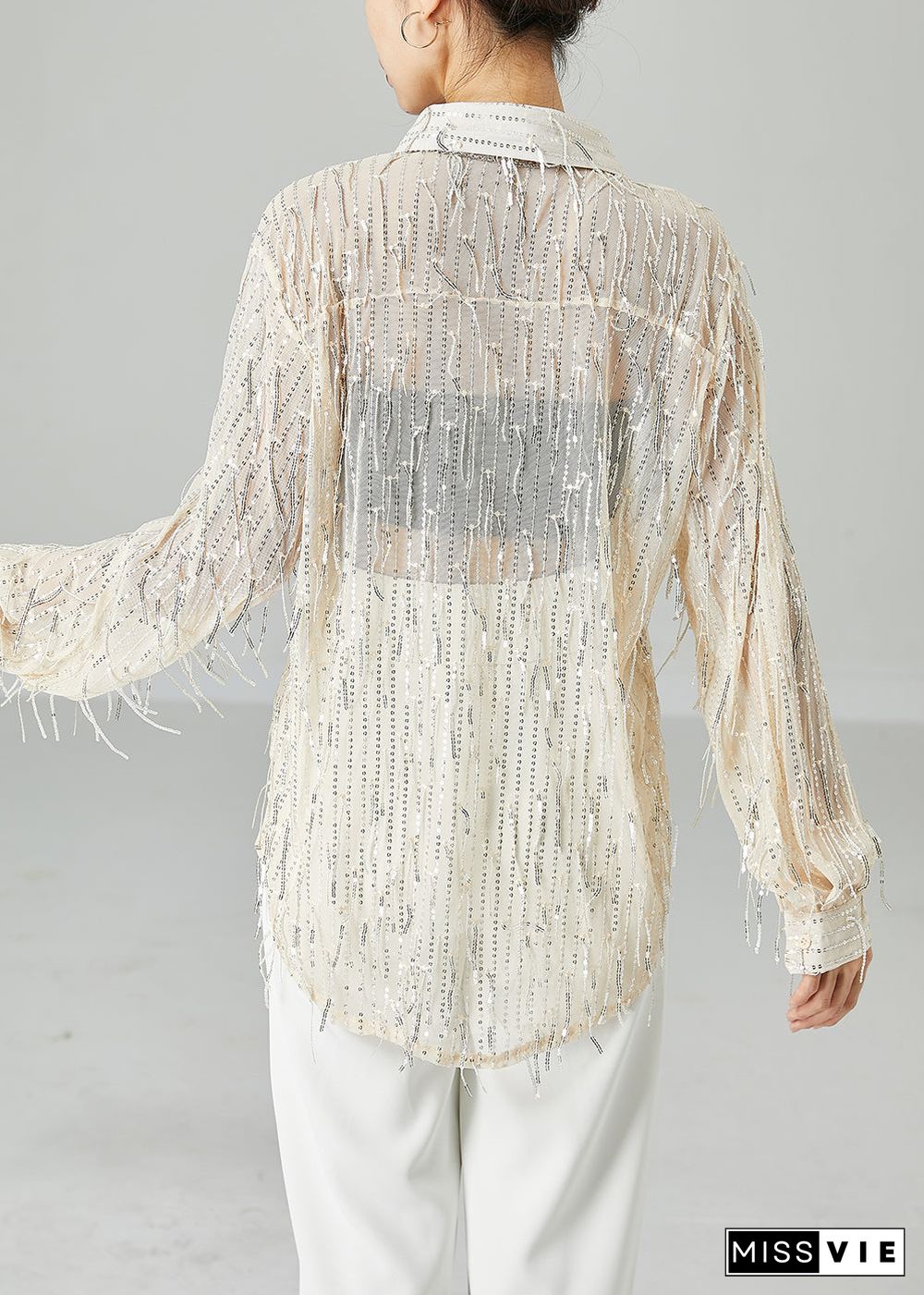 Women Apricot Sequins Tassel Tulle UPF 50+ Shirt Top Summer