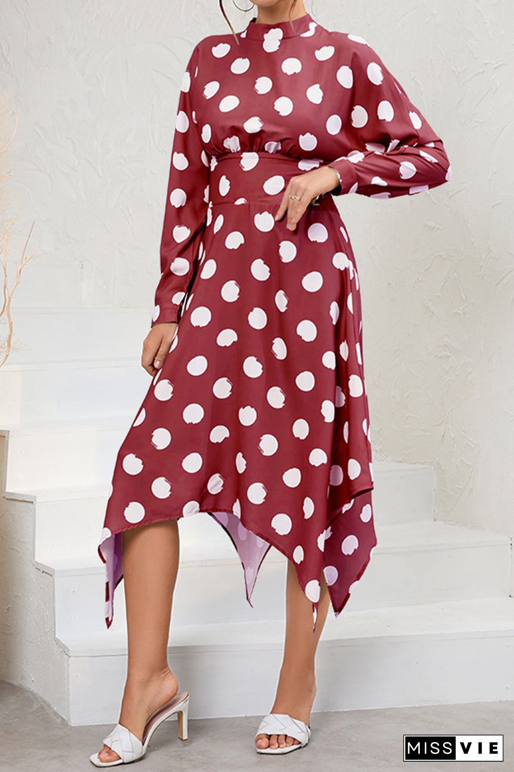 Long Sleeve High Waist Polka Dot Dress