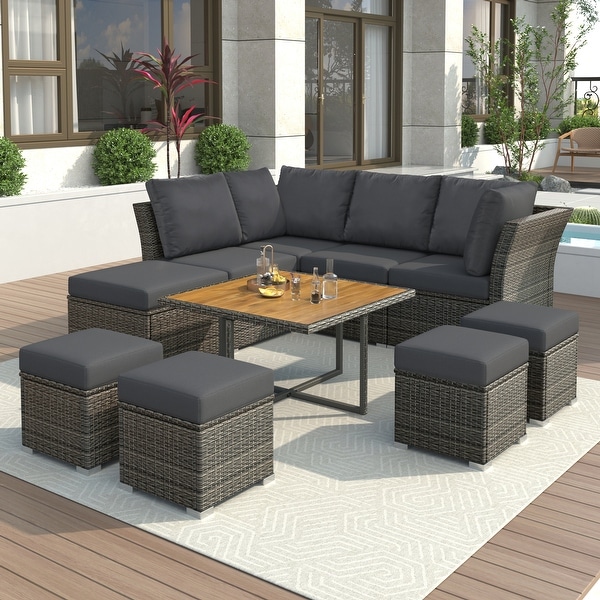 UStyle 9Piece Outdoor Conversation Set with Solid Wood Coffee Table，Ottomans，and Cushions