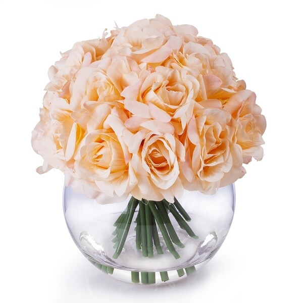 Enova Home Artificial 21 Heads Silk Roses Fake Flowers Arrangement in Round Clear Glass Vase with Faux Water for Home Decoration