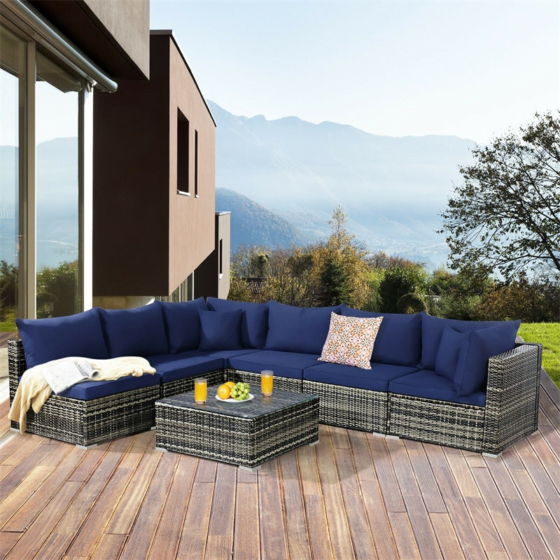 7 Pcs Rattan Patio Sectional Couch Set Outdoor Wicker Furniture Set with Cushions & Coffee Table