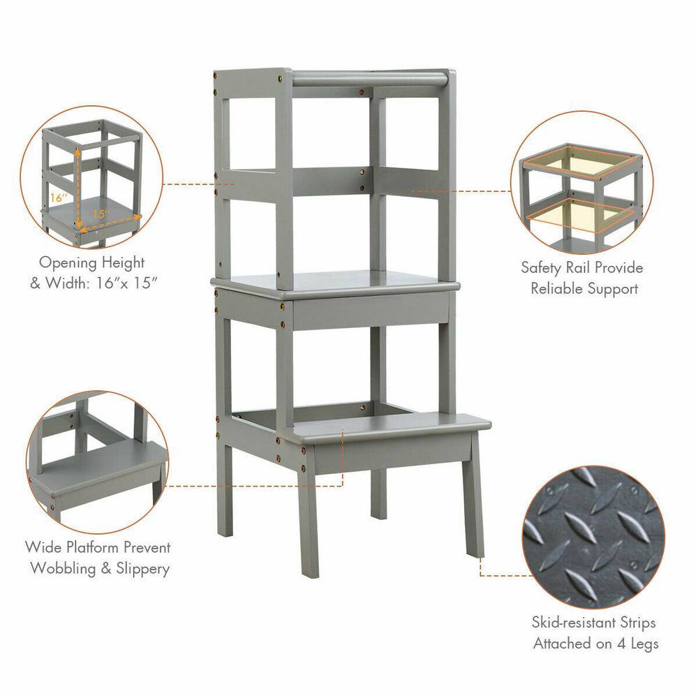 WELLFOR 2-Step Pine Wood Step Stool 330 lbs. Learning Toddler Tower with Safety Rail in Gray BB-HGY-5551GR