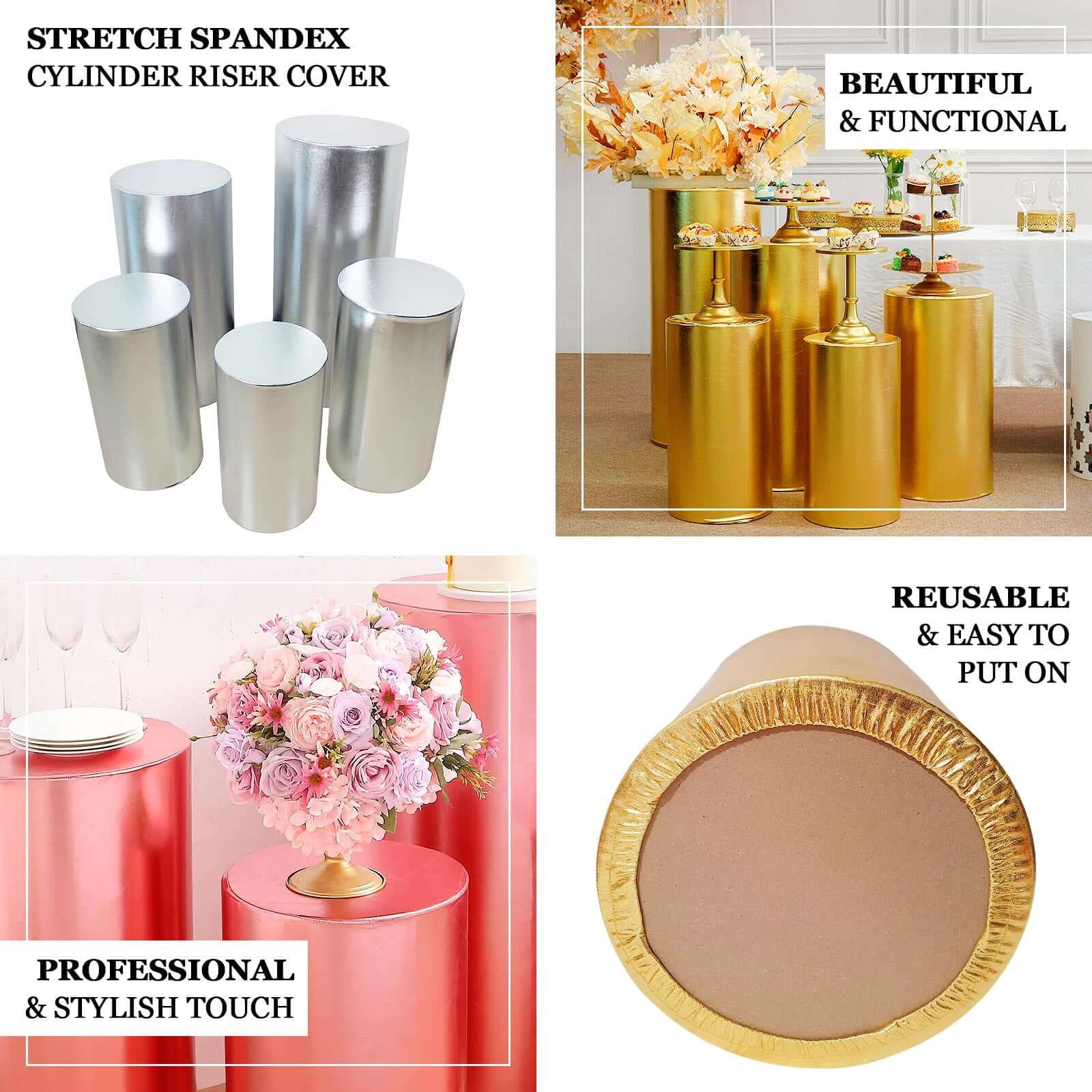 Set of 5 Metallic Gold Spandex Cylinder Pillar Prop Covers, Shiny Stretchable Pedestal Stand Covers - 130 GSM