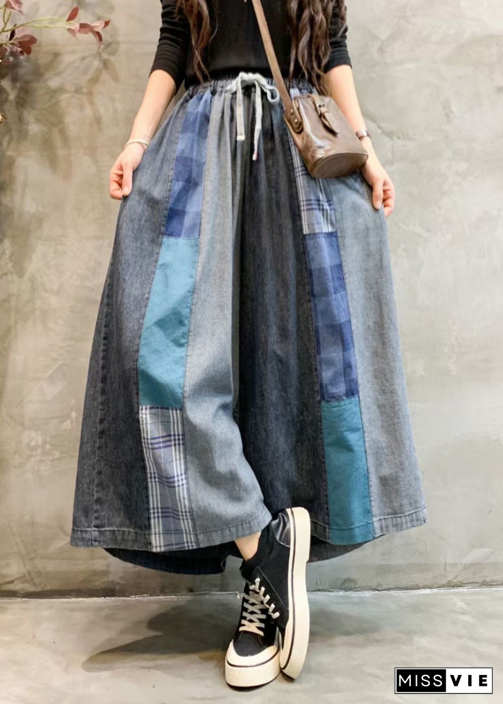 Unique Blue Pockets Elastic Waist Patchwork Wide Leg Pants Fall