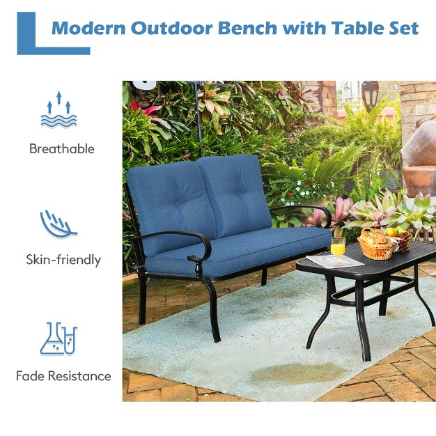 Costway 2pcs Patio Loveseat Bench Table Furniture Set Cushioned Chair