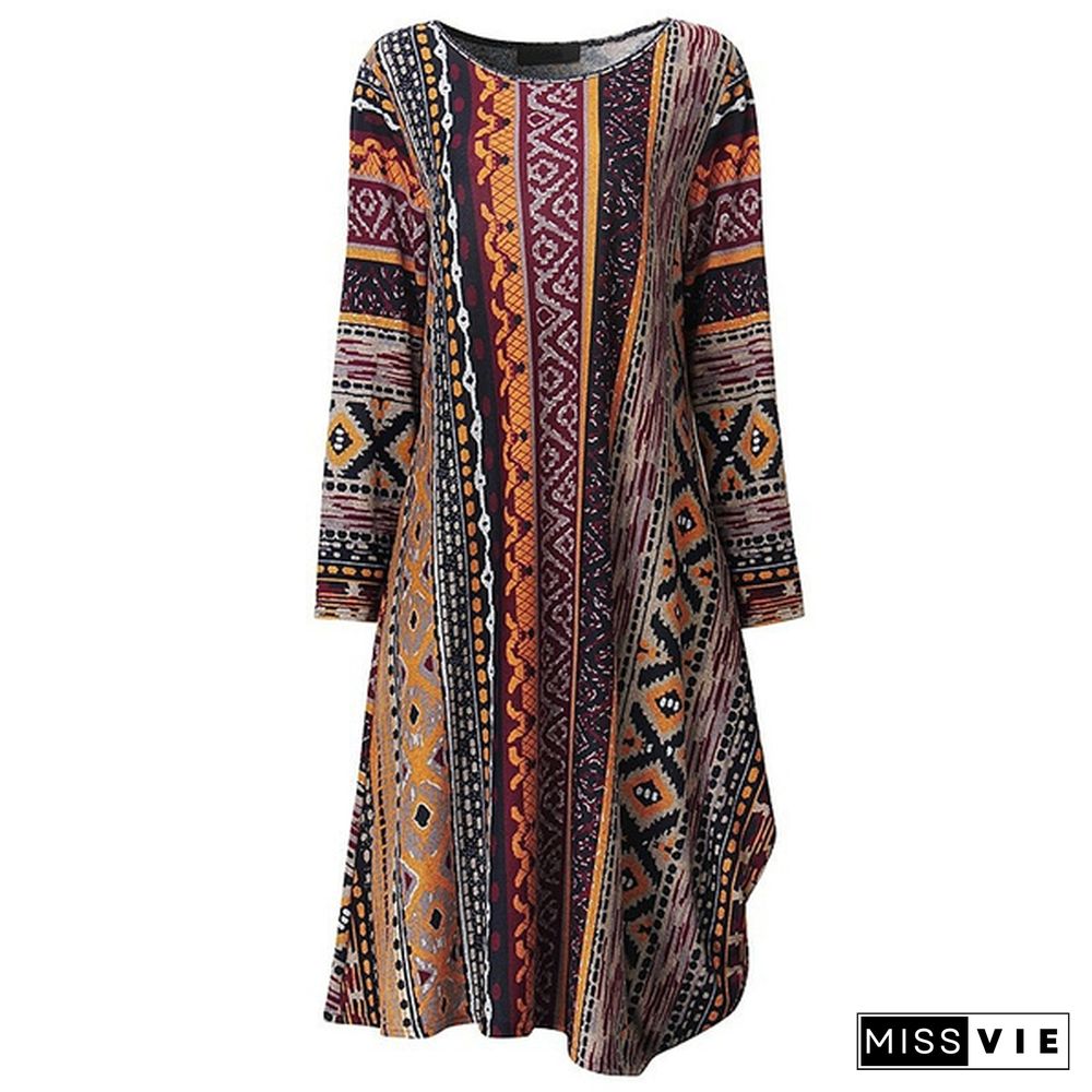 S-5XL Women Boho Floral Casual Baggy Long Sleeve Top Shirt Dress Kaftan