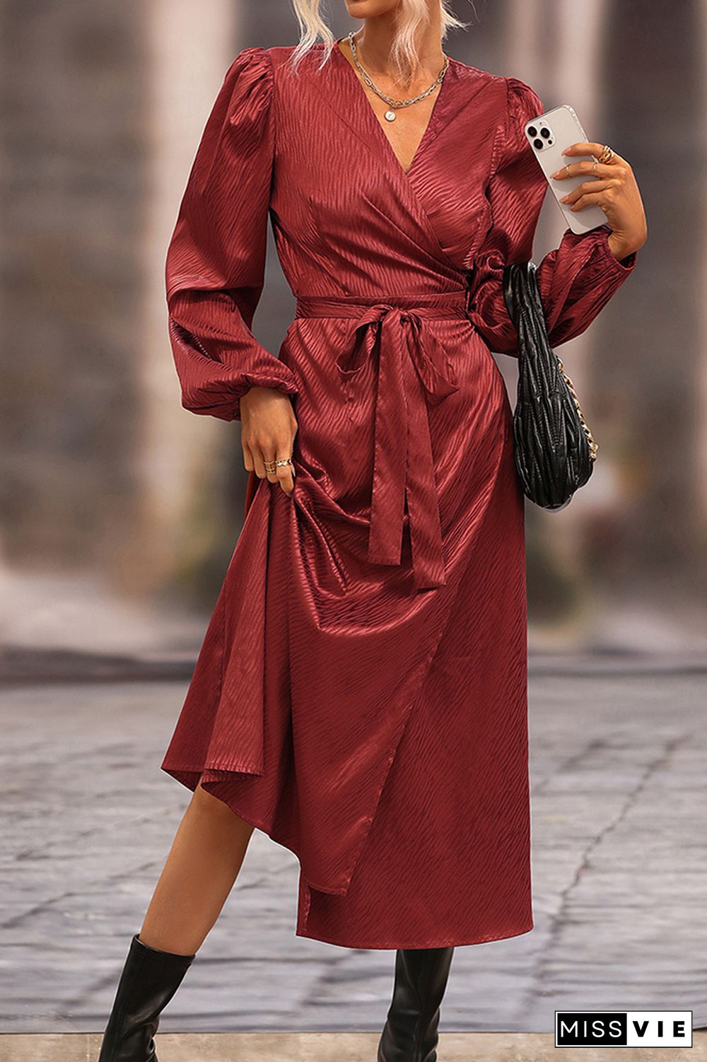 Surplice V Neck Puffy Sleeves Texture Woven Maxi Dress