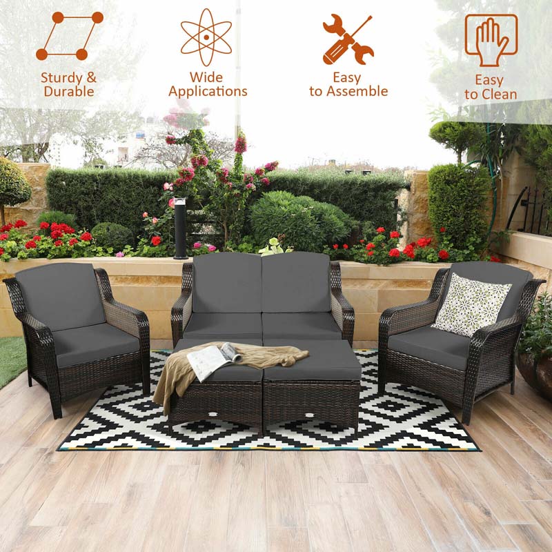 5 Pcs Rattan Wicker Patio Furniture Set with Loveseat, Single Sofas & Ottomans, Outdoor Conversation Sets