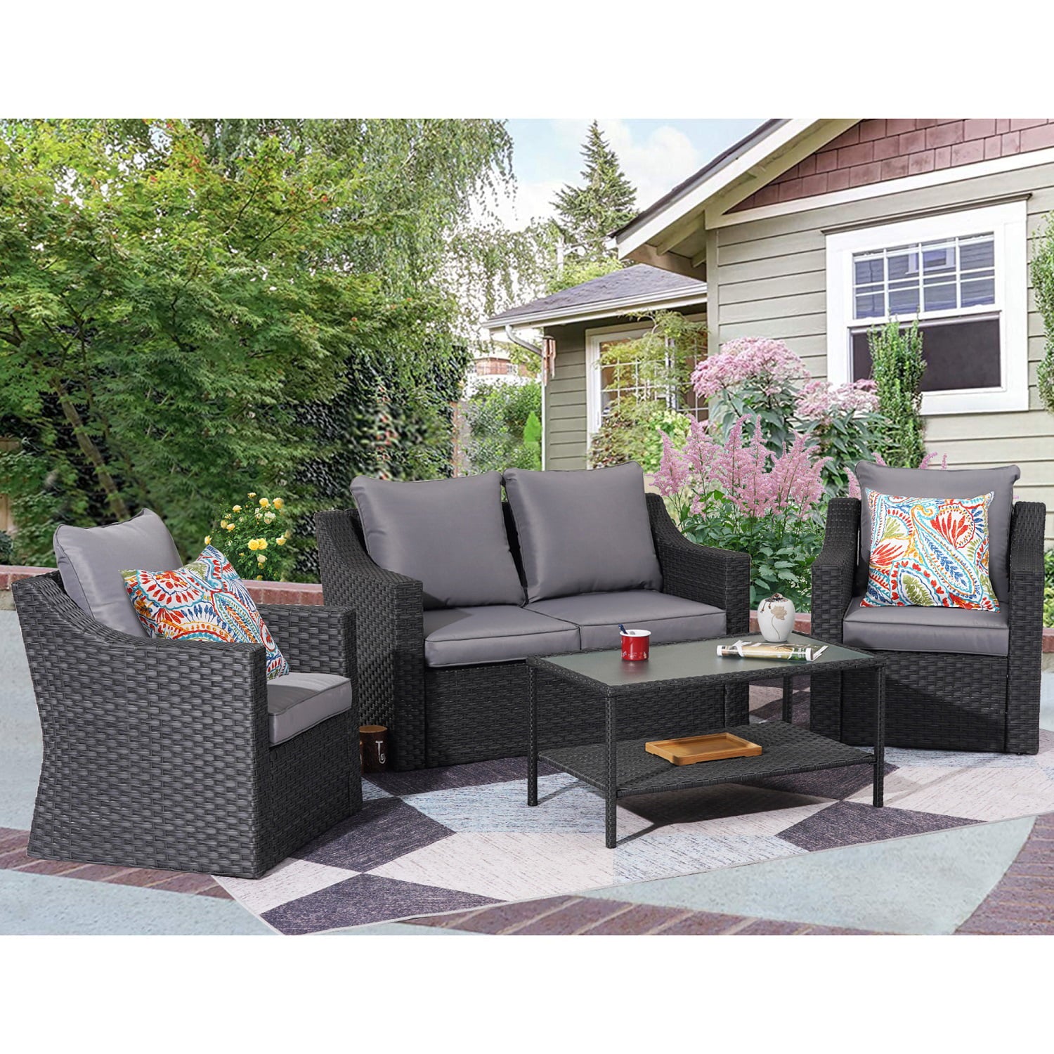 Superjoe 5 Piece Patio Furniture Set, Outdoor Wicker Conversation Sets Rattan Sofa with Glass Table for Garden Deck Porch, Grey Cushions