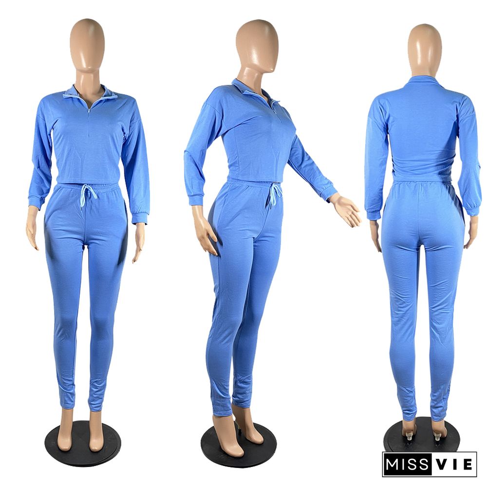 Autumn Women Casual Solid Long Sleeve Top Pants Tracksuit