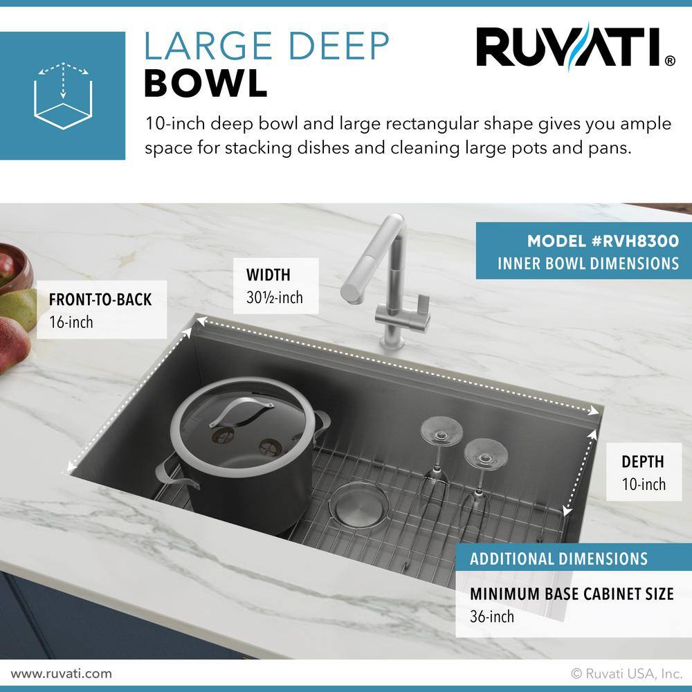 Ruvati 32 in. Single Bowl Undermount 16-Gauge Stainless Steel Ledge Kitchen Sink with Sliding Accessories RVH8300