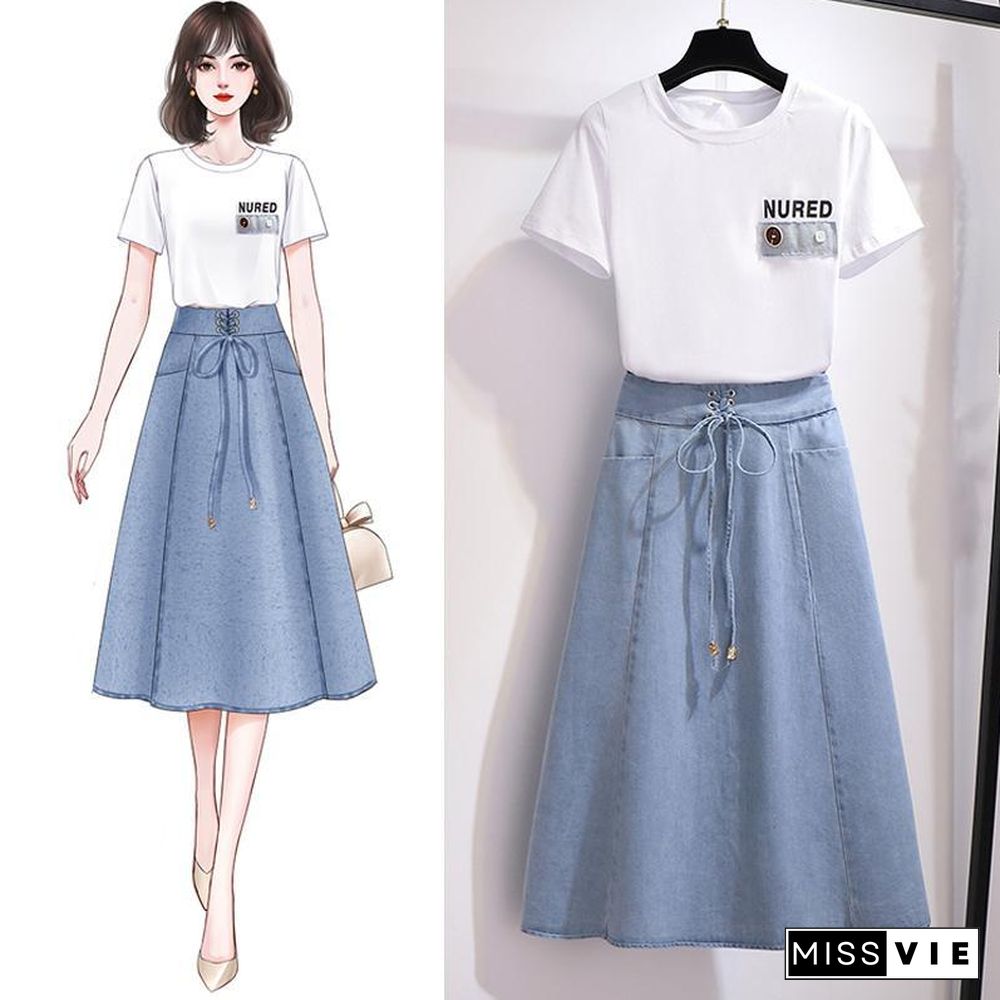 Classic Round Collar Tee+Denim Skirt P10850