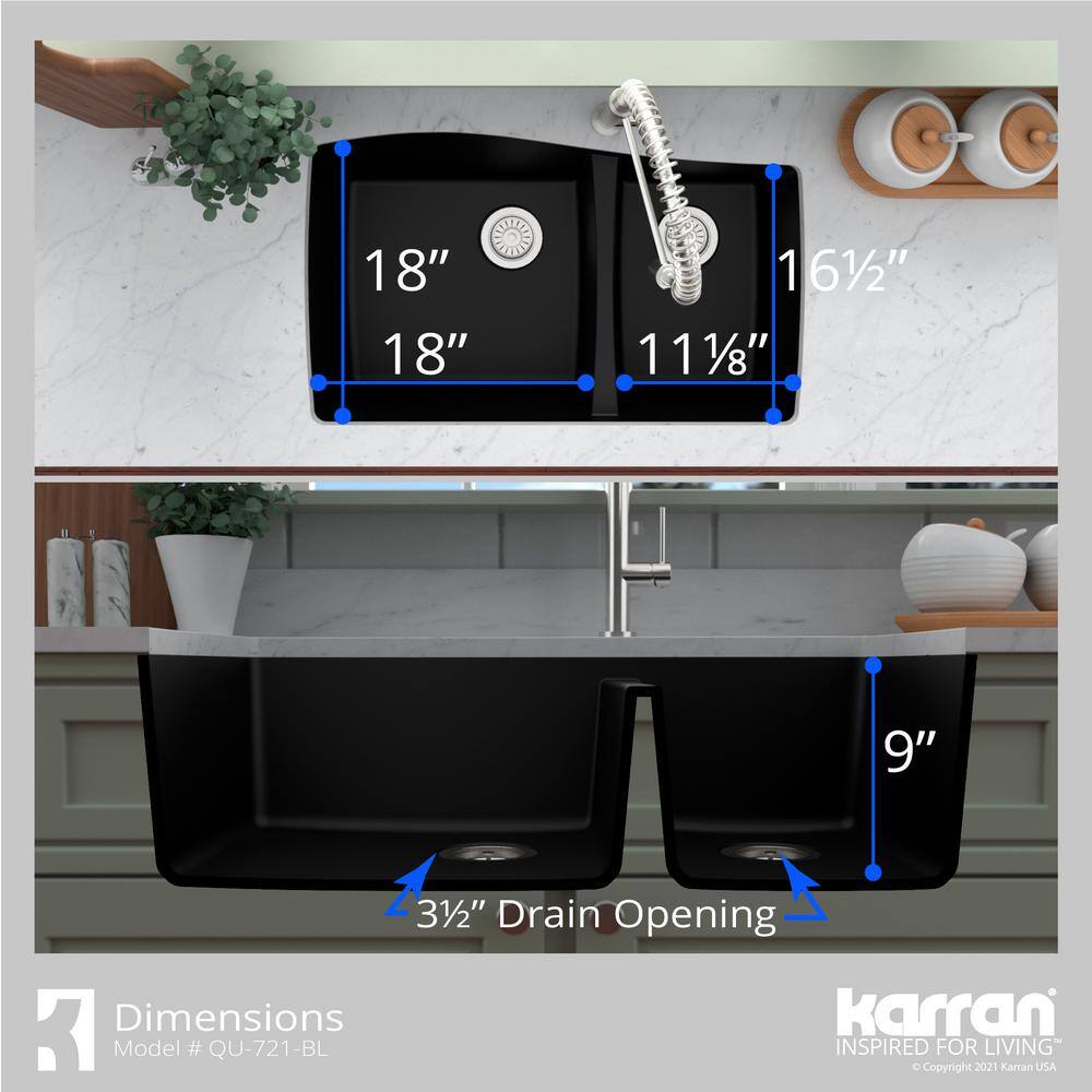 Karran Undermount Quartz Composite 33 in. 6040 Double Bowl Kitchen Sink in Black QU-721-BL