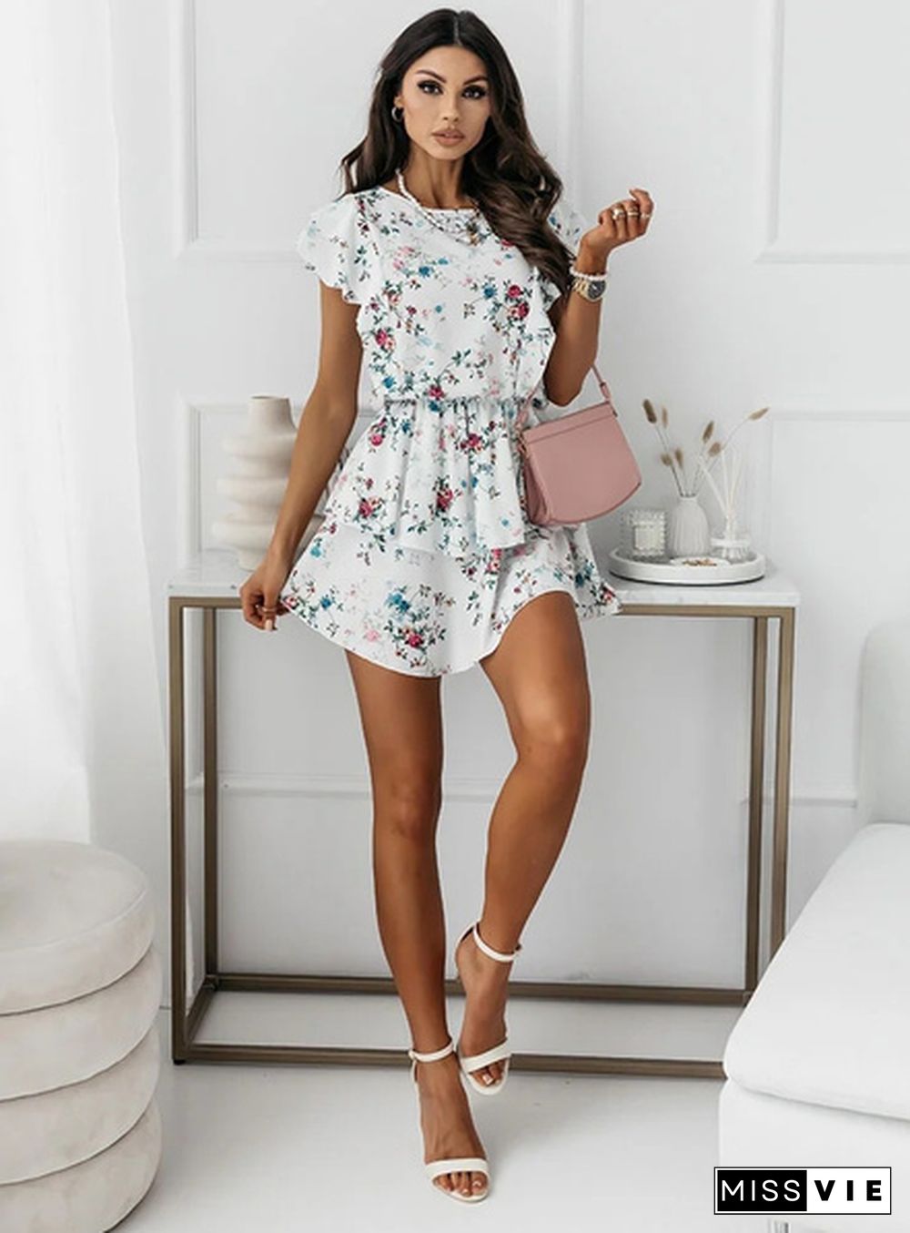 Women Beach Mini Dress Summer Bohemian Casual Loose Floral Print Cocktail Beach Short Dress Sundress Rope