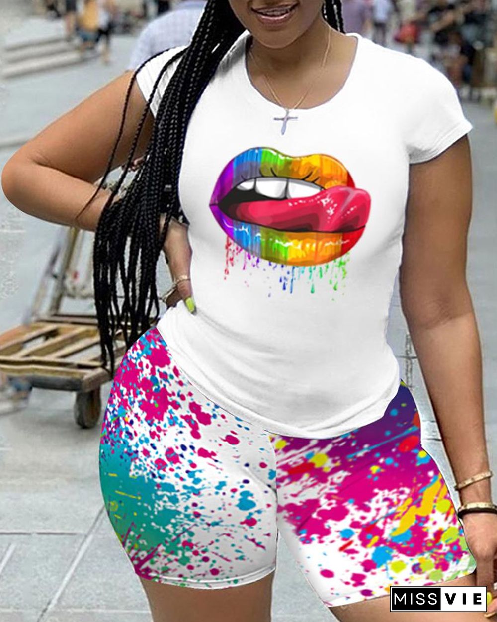 Plus Size Lip Splash Ink Print T-shirt & Shorts Set