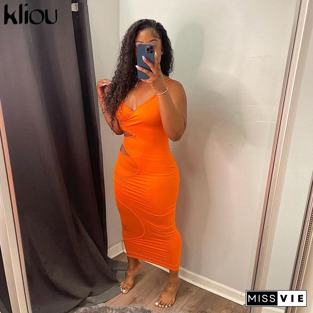 Kliou Cut Out Show Waist Sexy Maxi Dress Women Shape Streetwear Sleeveless Skinny Slim Bodycon Vestidos Sense of Design Hot