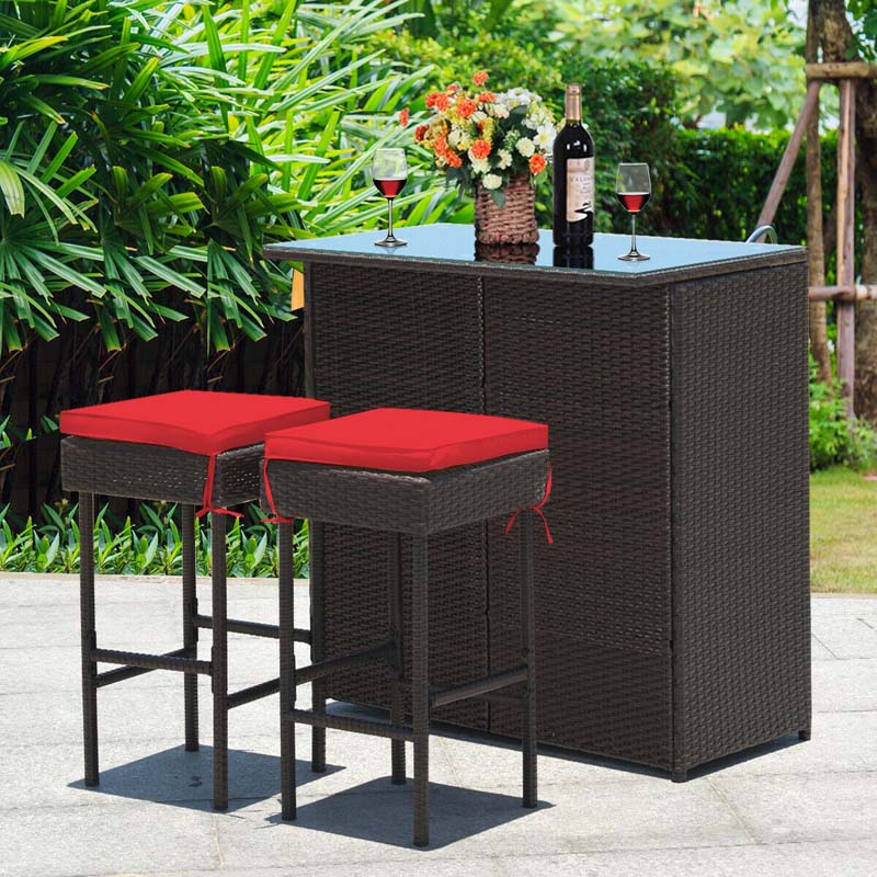 3 Pcs Rattan Patio Bar Dining Set Outdoor Counter Height Table Set with Cushioned Stools & Glass Top Table