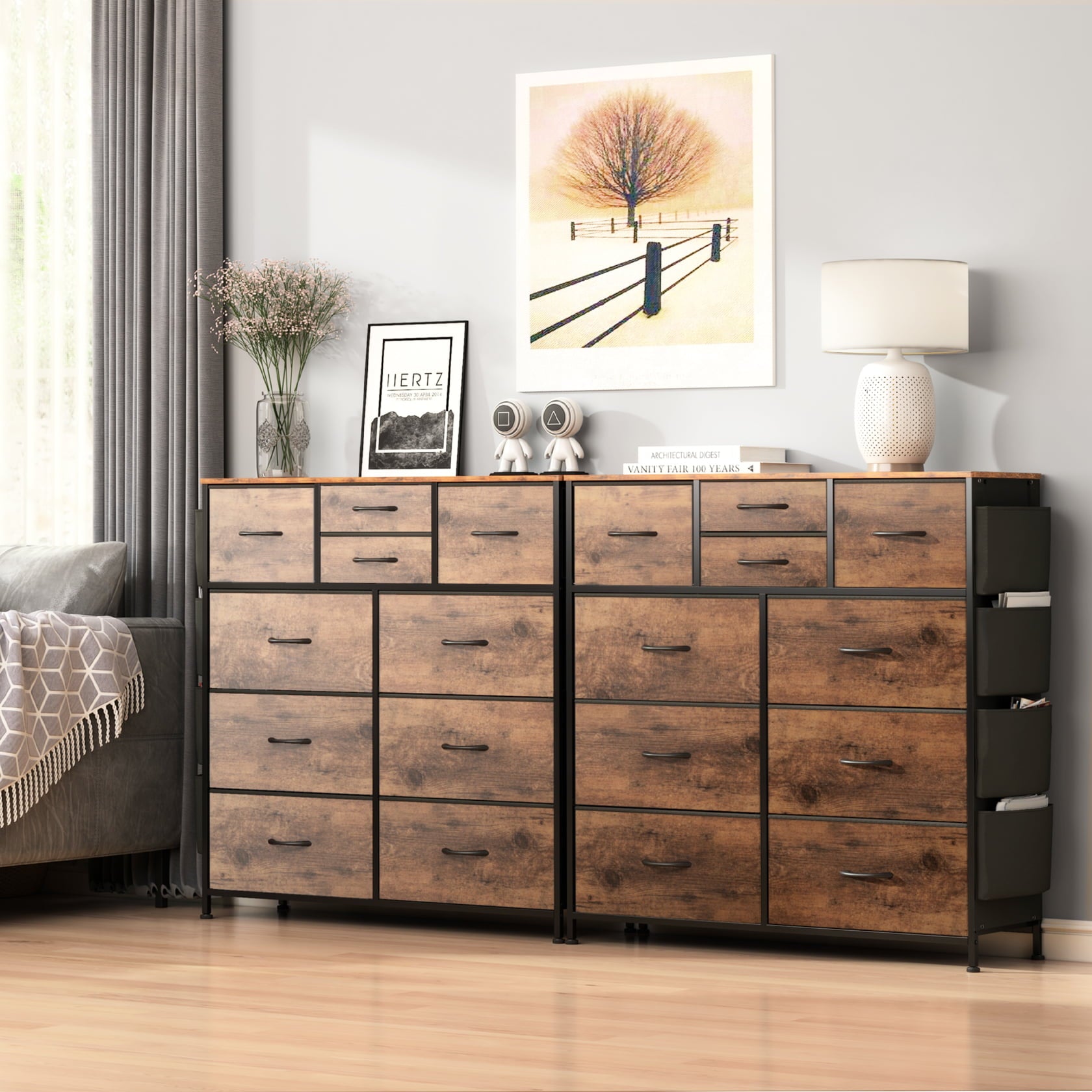 Lulive 10 Drawer Dresser, Chest of Drawers for Bedroom with Side Pockets and Hooks Fabric Storage Dresser Sturdy Steel Frame Wood Top Organizer Unit for Hallway Closet (Brown)