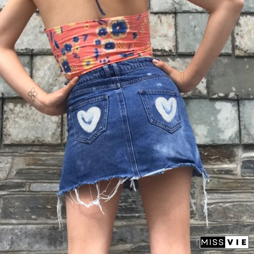 Y2K Harajuku Summer High Waist Denim Skirt A Line Heart Print Mini Skirts Aesthetic Casual Cute Korean Fashion Denim Skirt