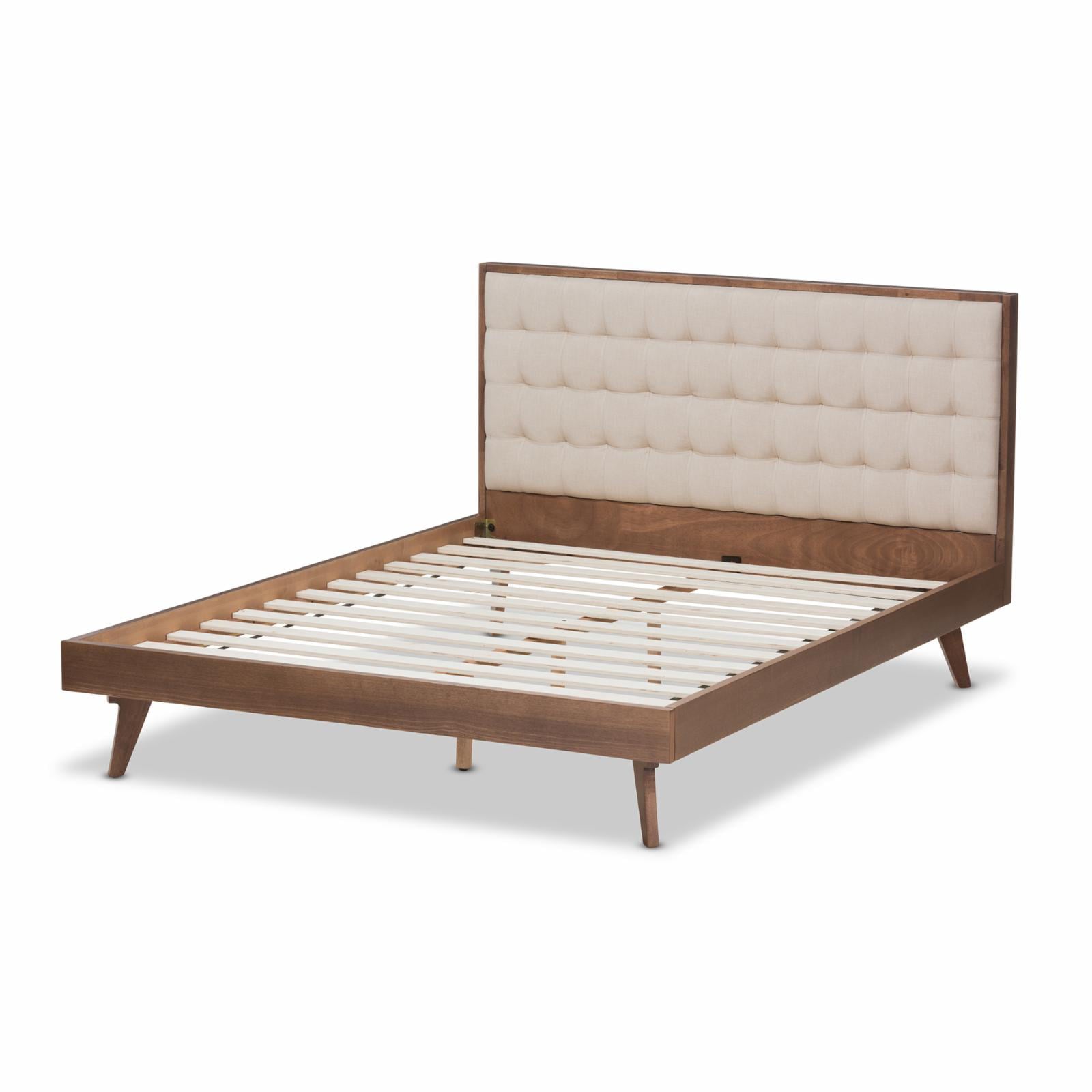 Baxton Studio Soloman Mid-Century Modern Light Beige Fabric and Walnut Brown Finished Wood Platform Bed, King