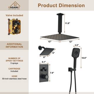 CASAINC 5-Spray 12 in. Thermostatic Dual Shower Heads Ceiling Mount Fixed and Handheld Shower Head 2.5 GPM in Matte Black CS6222-12MB